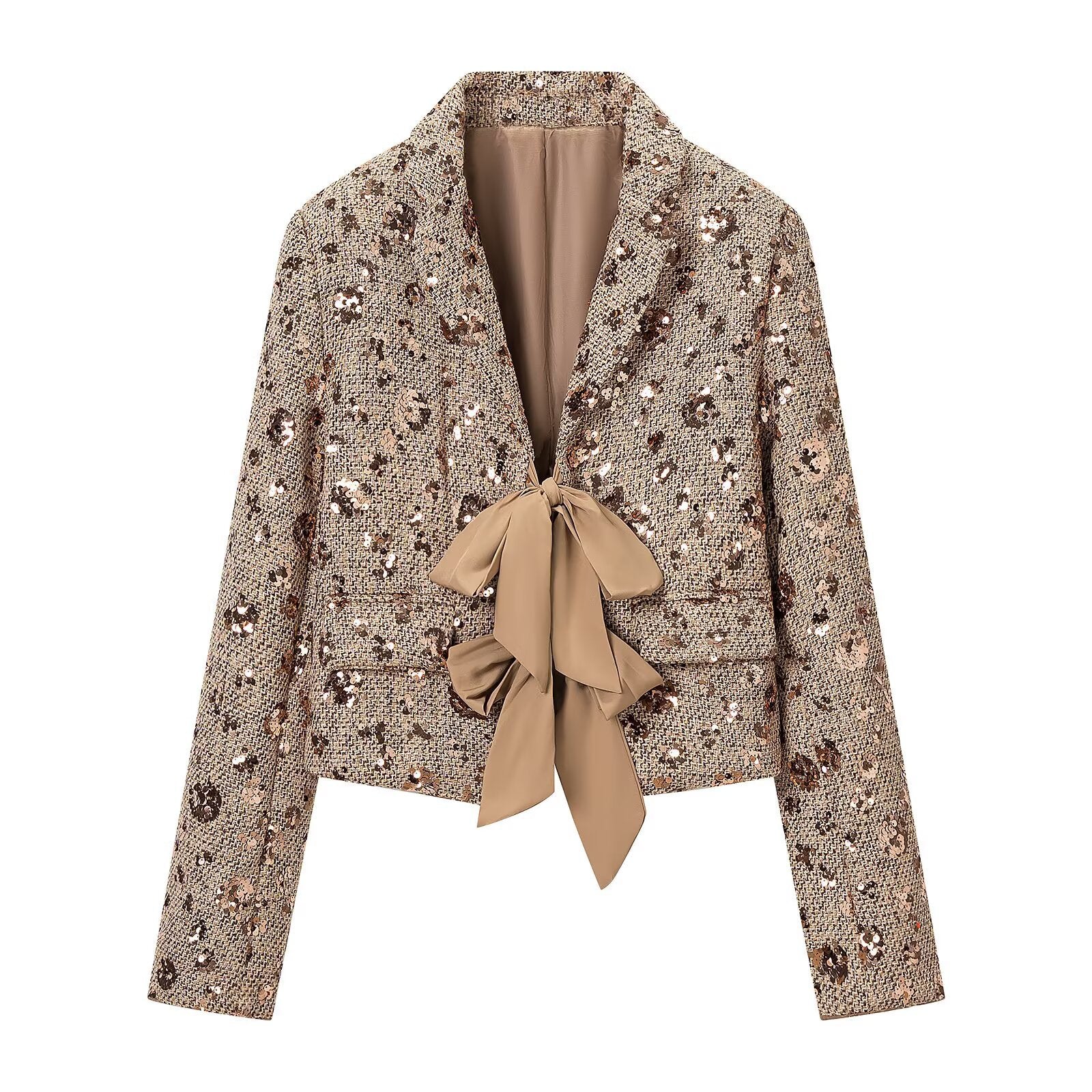 Women's short blazer made of tweed with sequin trim and bow closure Chichicherry