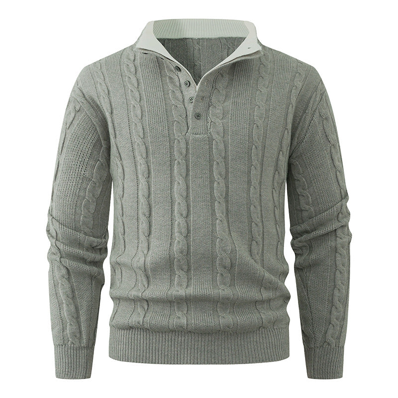 Men's Structured Cable Knit Sweater with Button Placket and Stand Collar Chichicherry