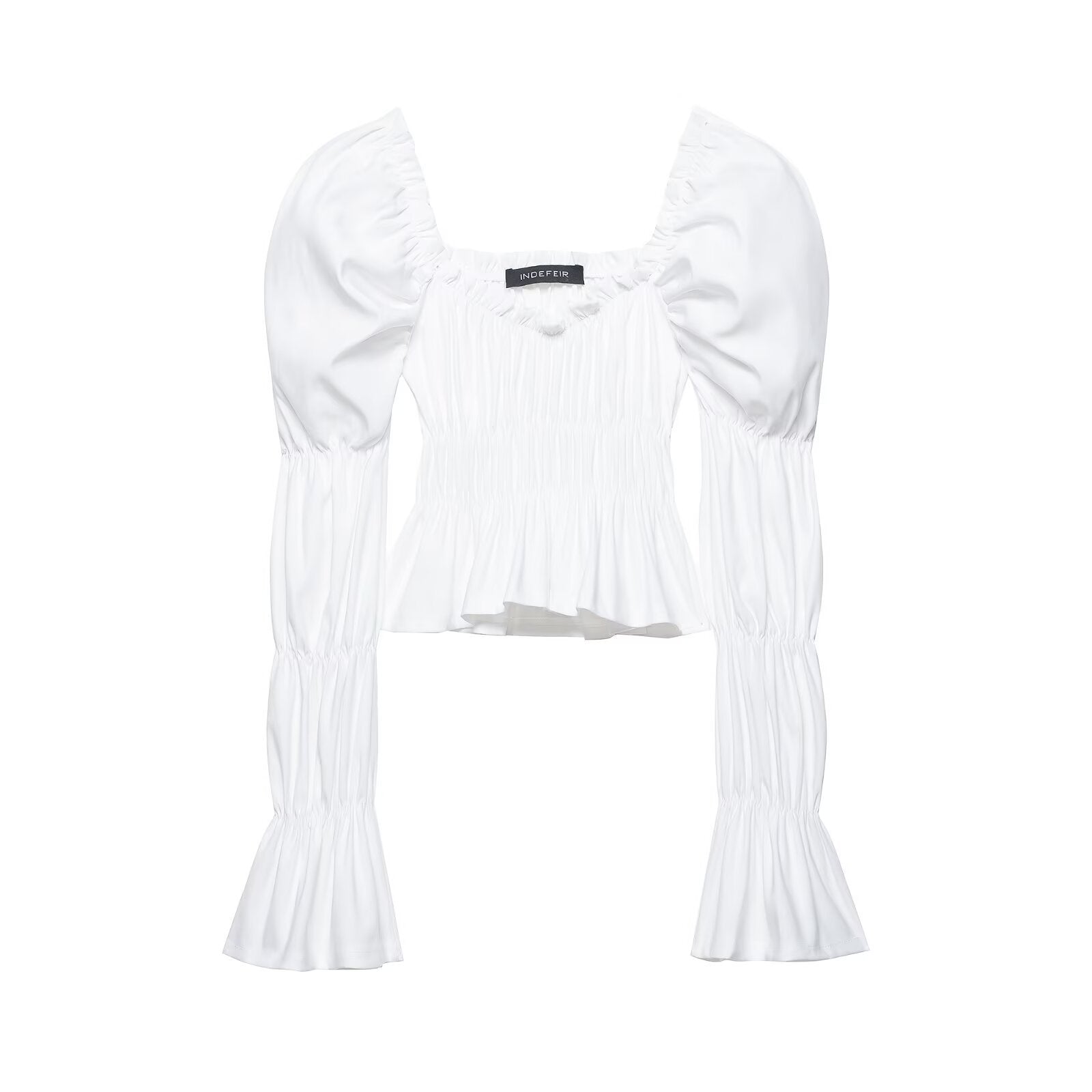 Women's Ruched Carmen Crop Top with Puff Sleeves, Smocked Waist and Tiered Sleeves Chichicherry