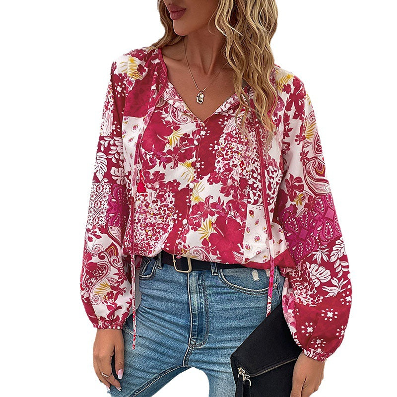 Women's Light Boho Blouse with Patchwork Print, Tied Slit and Balloon Sleeves Chichicherry