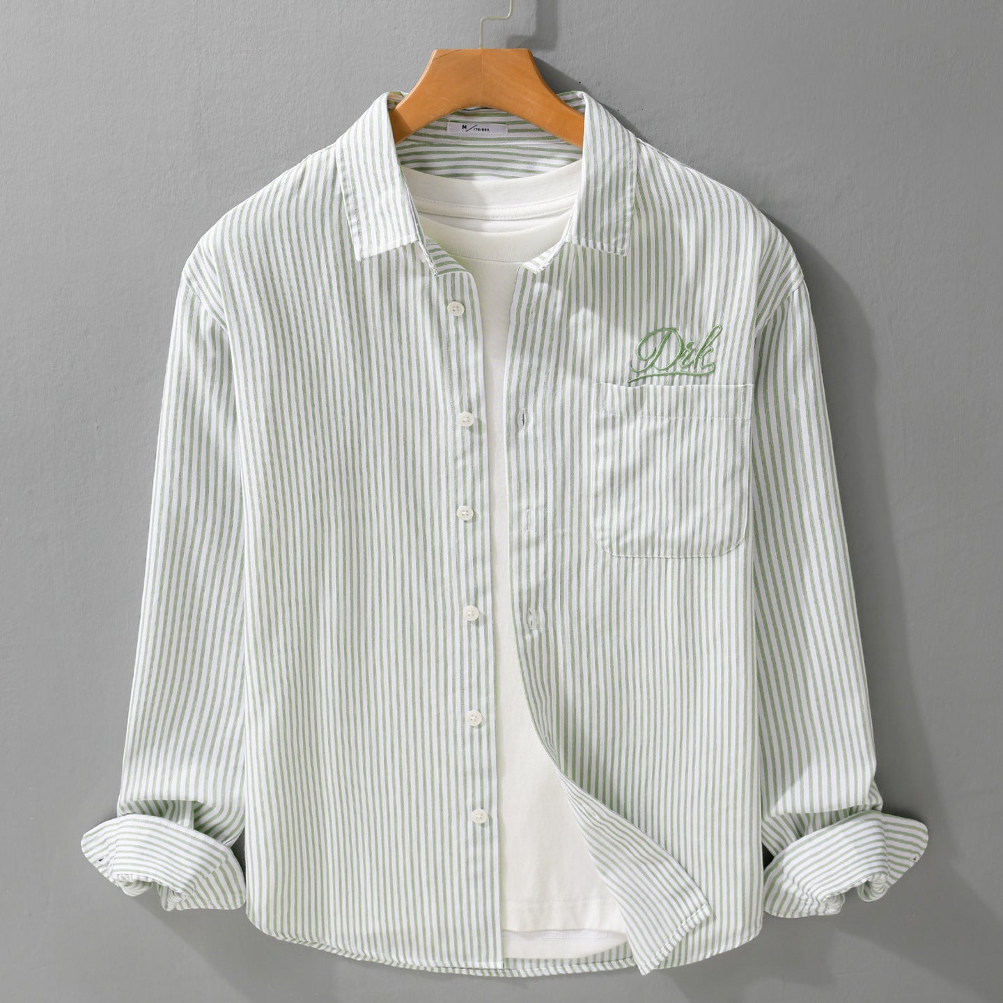 Men Striped Overshirt Shirt with Chest Pocket and Tonal Logo Embroidery Chichicherry