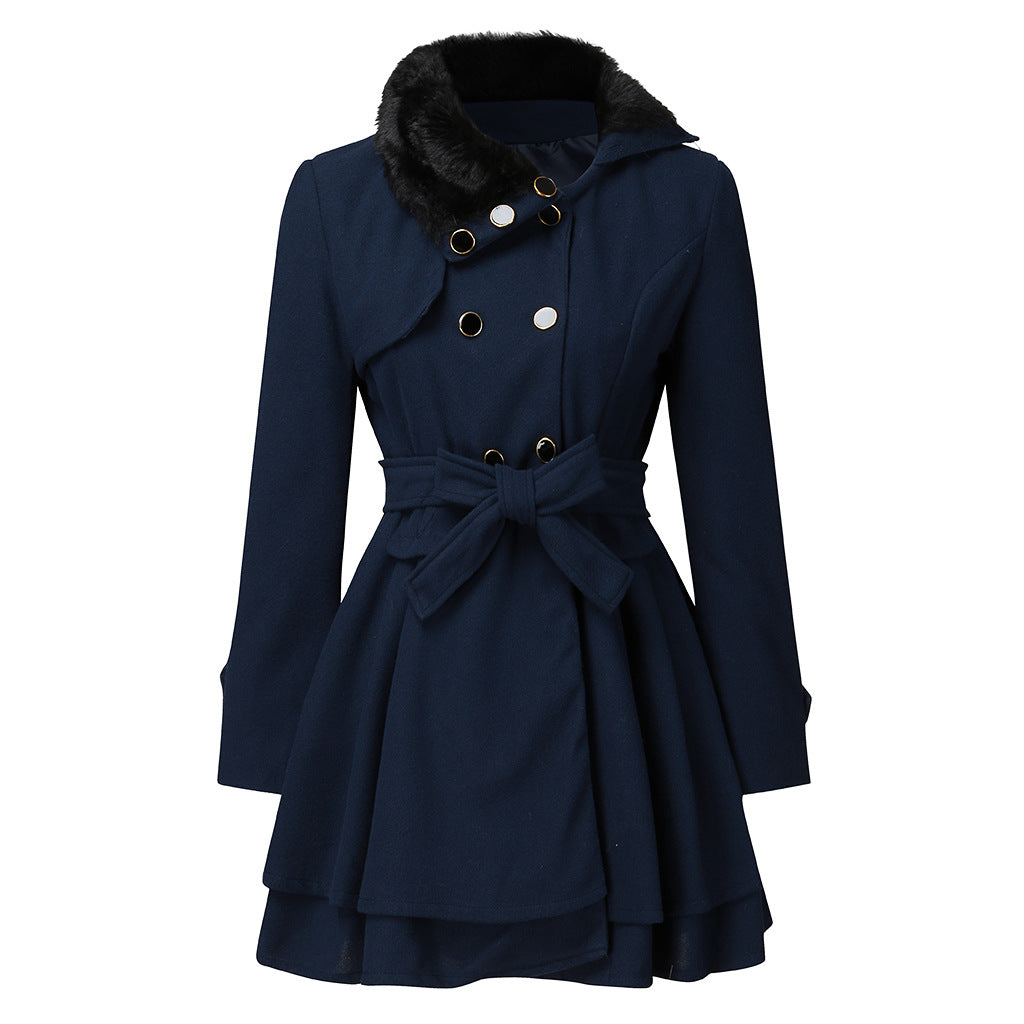 Women A-line wool blend coat with waist belt double-breasted and faux fur collar Chichicherry