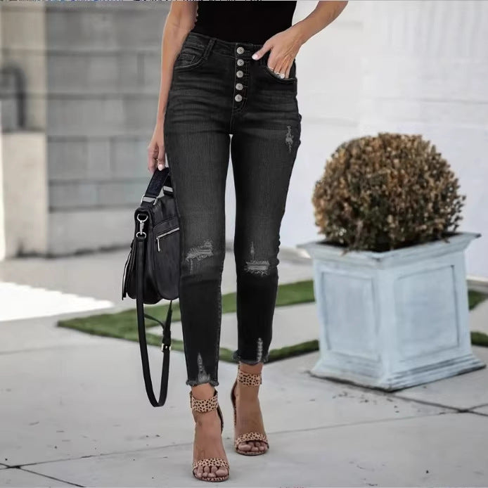 Women's High-Waisted Skinny Jeans with Visible Button Placket, Destroyed Knee Areas, and Raw Ankle Hem Chichicherry