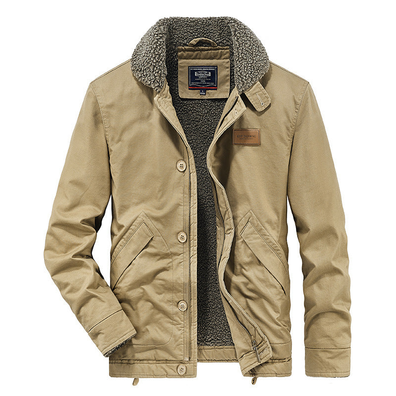 Men's canvas work jacket with sherpa lining, stand-up collar, and diagonal pockets Chichicherry