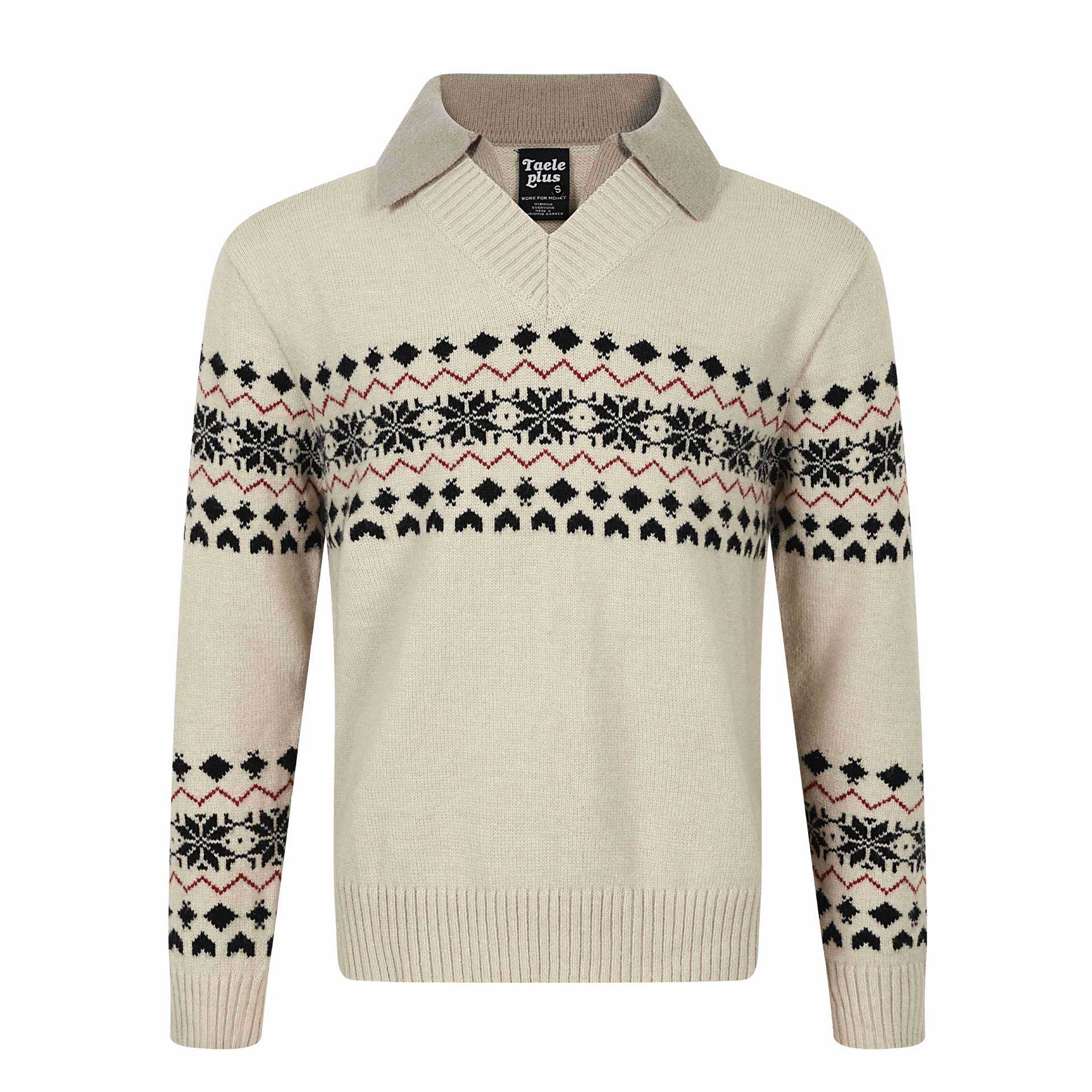 Men's Norwegian knit sweater with V-neck and contrasting shirt collar Chichicherry