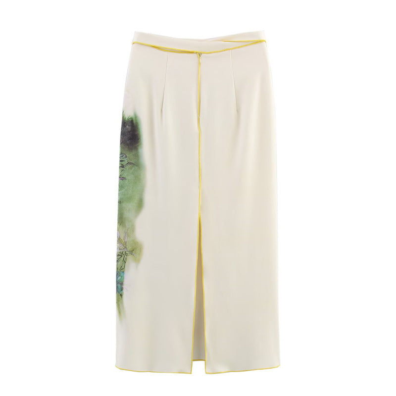 Women's midi skirt with watercolor print, straight cut and decorative tie belt Chichicherry