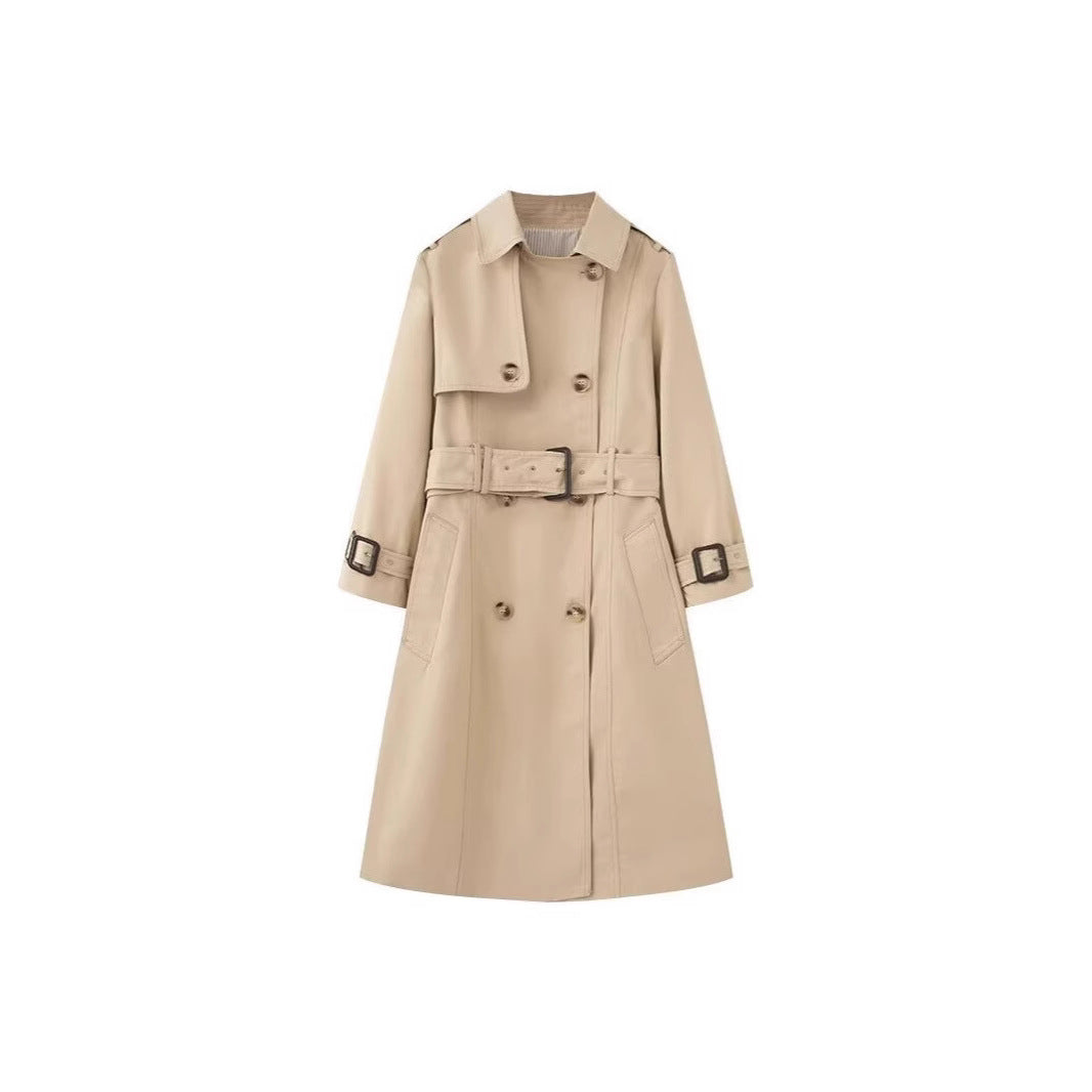 Women's Longer tailored trench coat with double-breasted button placket, waist belt, and sleeve tab Chichicherry