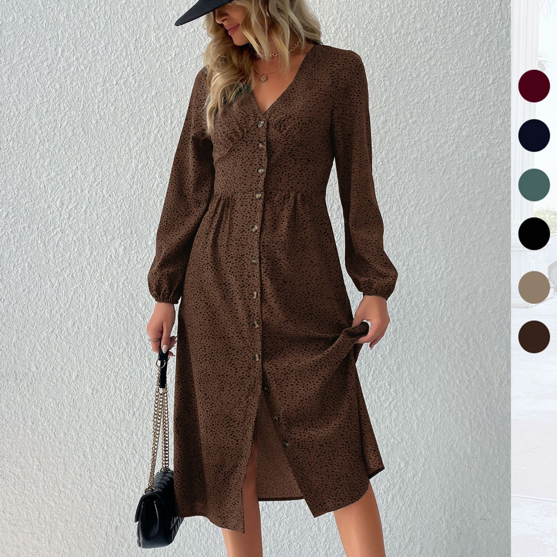 Women's V-neck midi dress with button placket, tailored fit and balloon sleeves Chichicherry