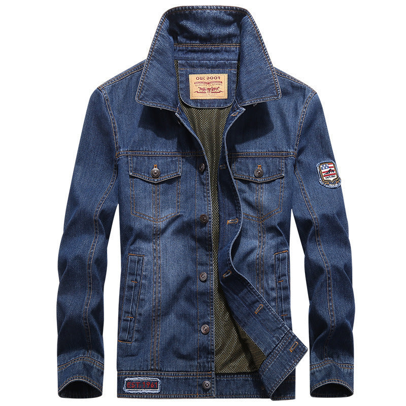 Men's lightweight denim jacket in worker blouson style with breathable mesh lining and sleeve patch Chichicherry
