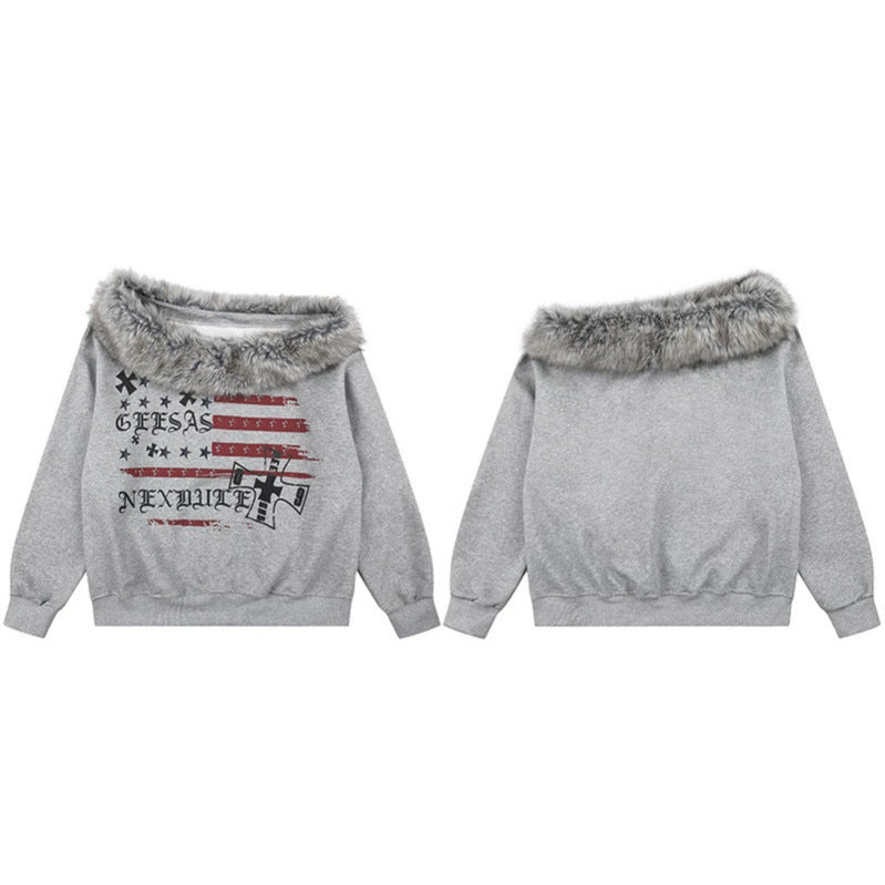 Women's Off-Shoulder Sweatshirt with Fake-Fur Collar, Relaxed Fit and Vintage Flag Print Chichicherry