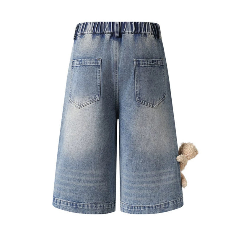 Women's playful denim culotte shorts with a high comfort waistband, allover doodle print & teddy pendant Chichicherry