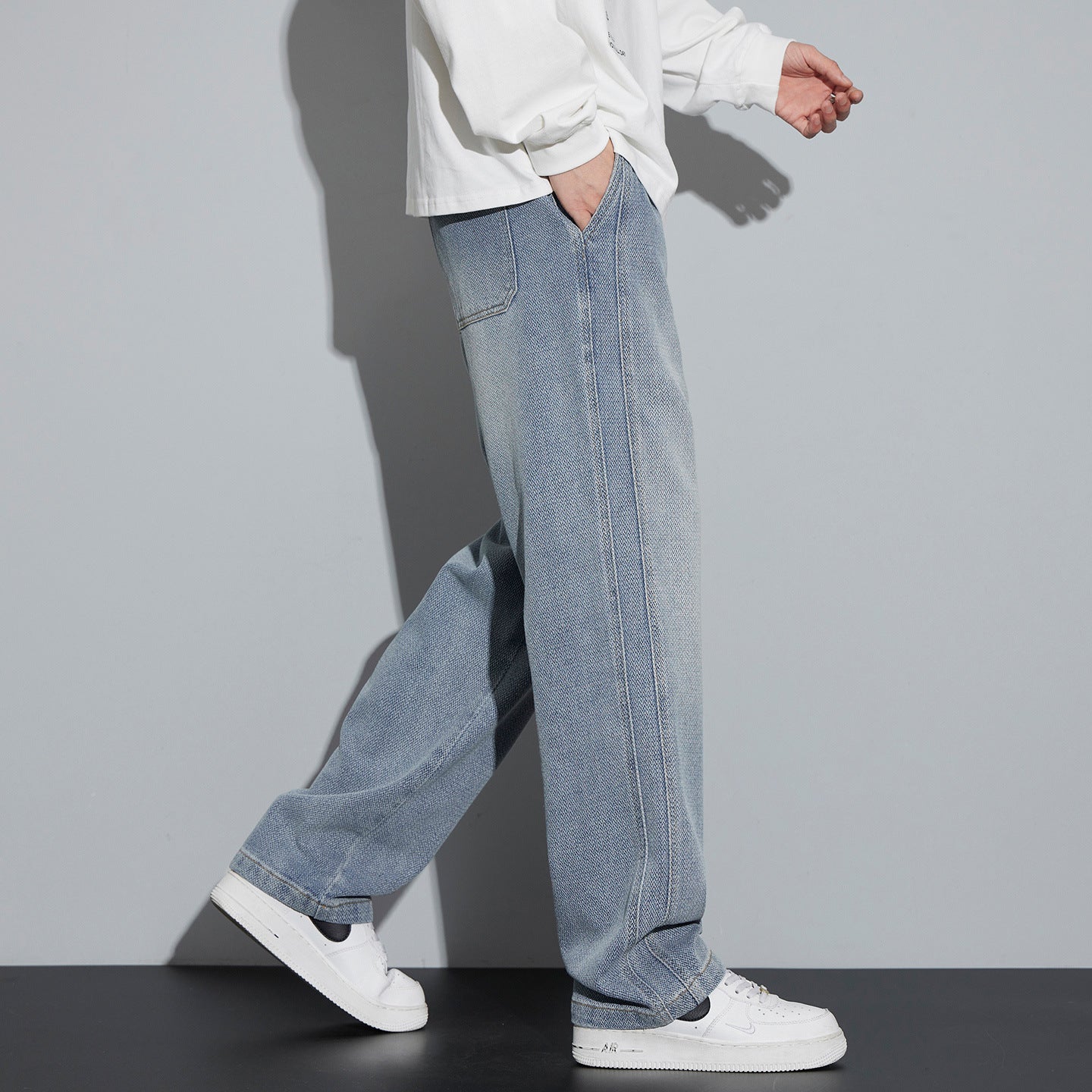 Men's Wide Denim Jogging Pants with Woven Drawstring and Herringbone Texture Chichicherry