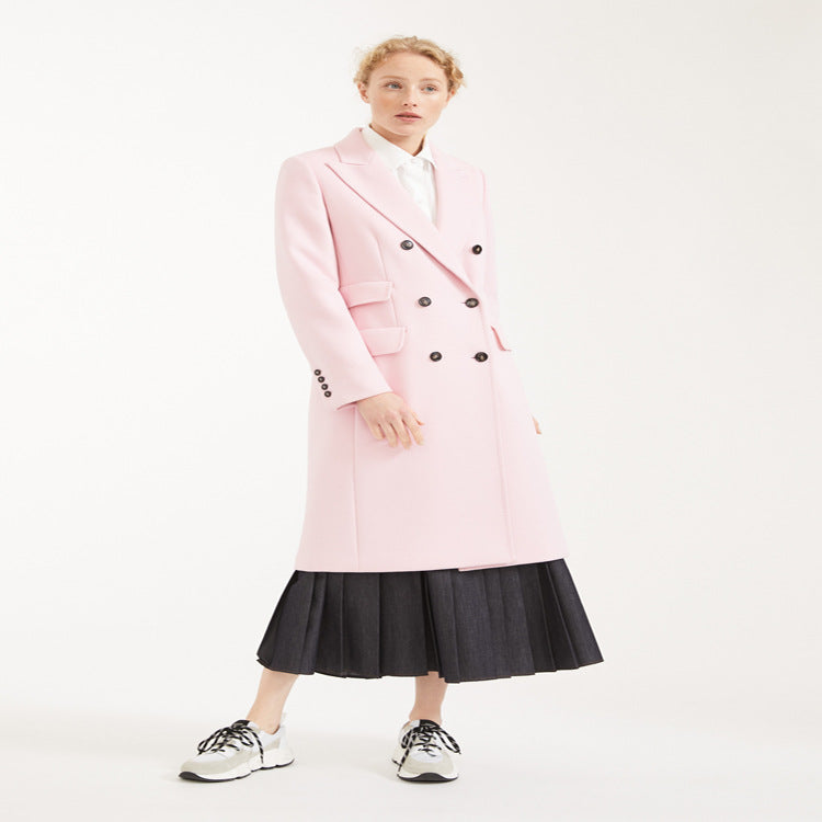 Women's Double-Breasted Midi-Length Wool Blend Coat with Emphasized Shoulder and Contrast Buttons Chichicherry