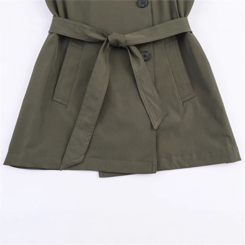 Women's short trench coat with A-line silhouette, double-breasted button placket, detachable belt, and shoulder epaulettes Chichicherry