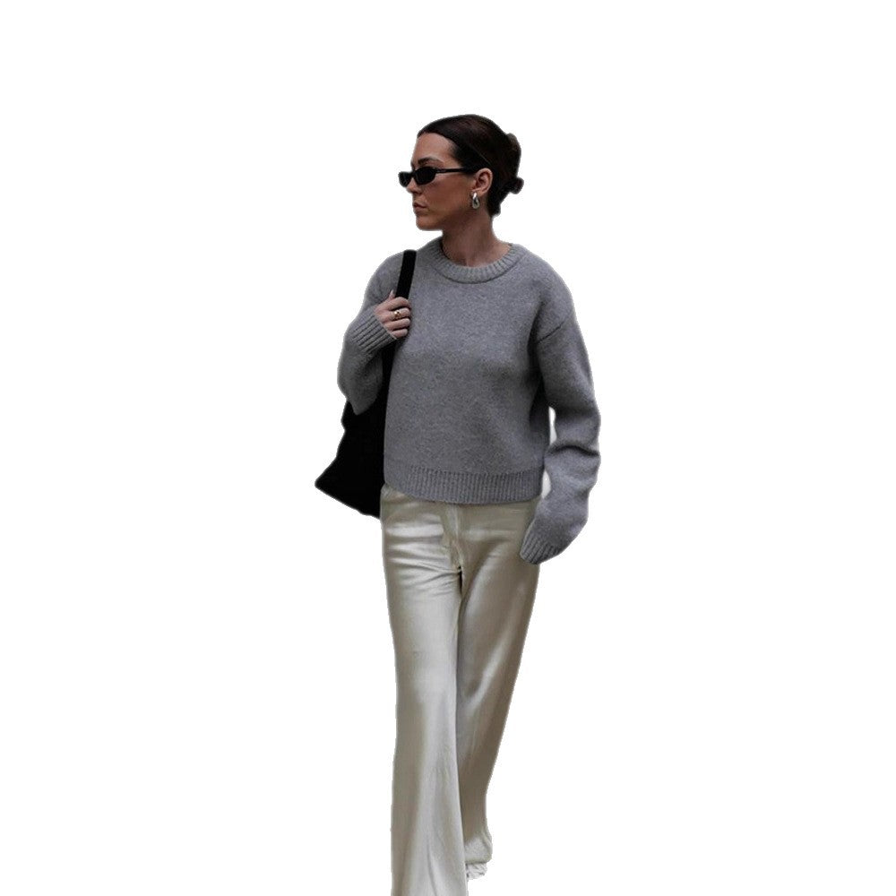 Women Soft Oversized Knitted Sweater with Round Neck, Extended Cuffs, and Ribbed Hem Chichicherry