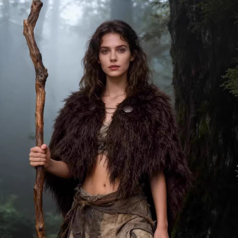 Ladies Viking-inspired Faux-Fur Cape with rustic fringe look and shoulder drape Chichicherry