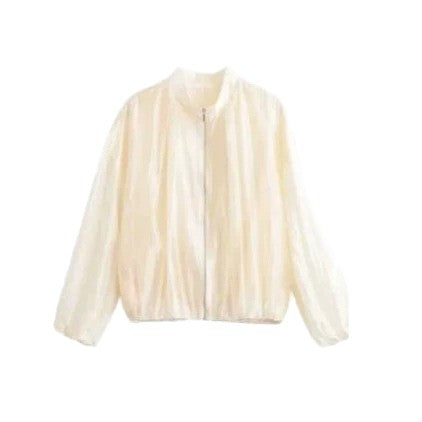 Women's Lightweight Transparent Satin Bomber Jacket with Stand Collar Chichicherry