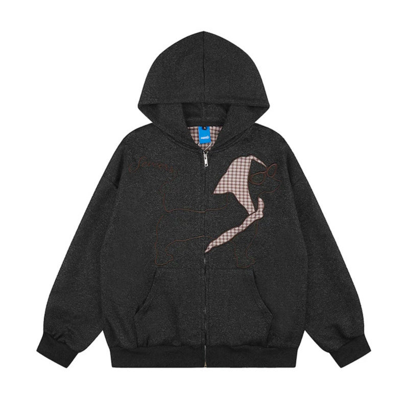 Women's oversized zip hoodie with embroidered dachshund illustration and gingham detail Chichicherry