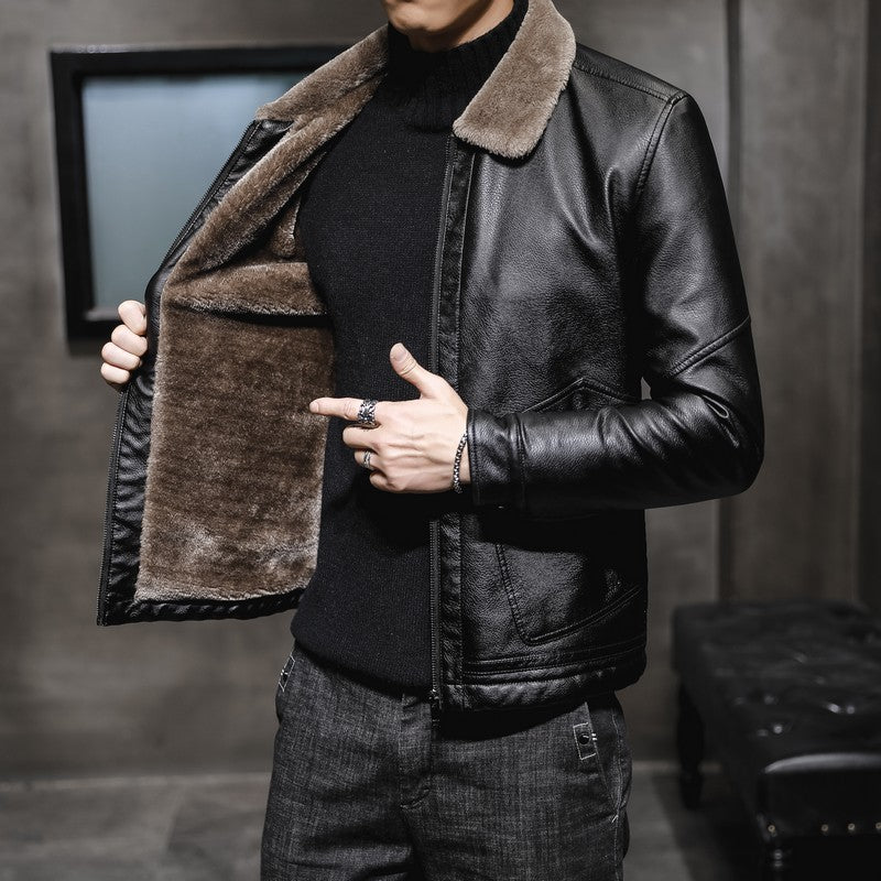 Men's Premium Faux Leather Flight Jacket with Contrasting Teddy Collar and Concealed Zipper Placket Chichicherry