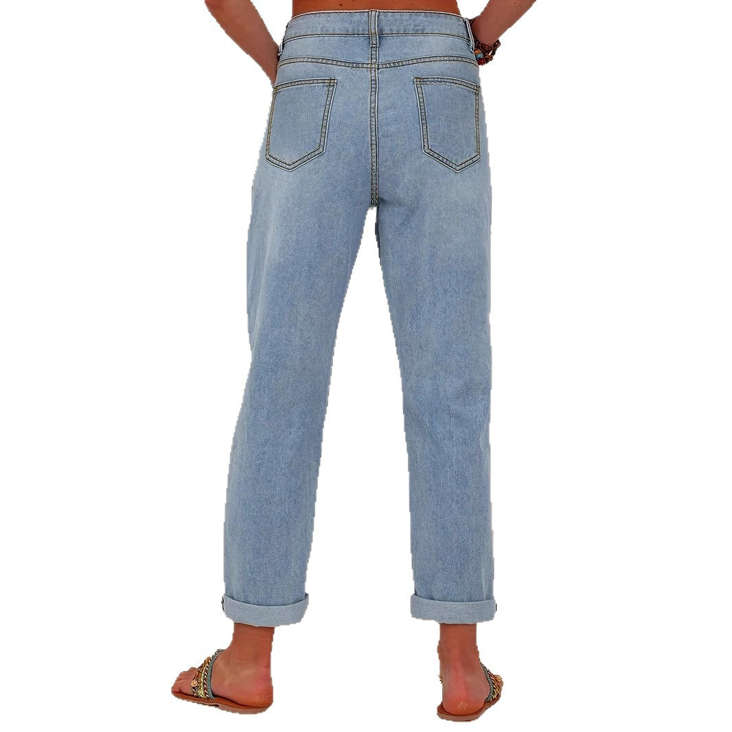 Ladies straight-cut jeans with colorful floral appliqués and light destruction details Chichicherry