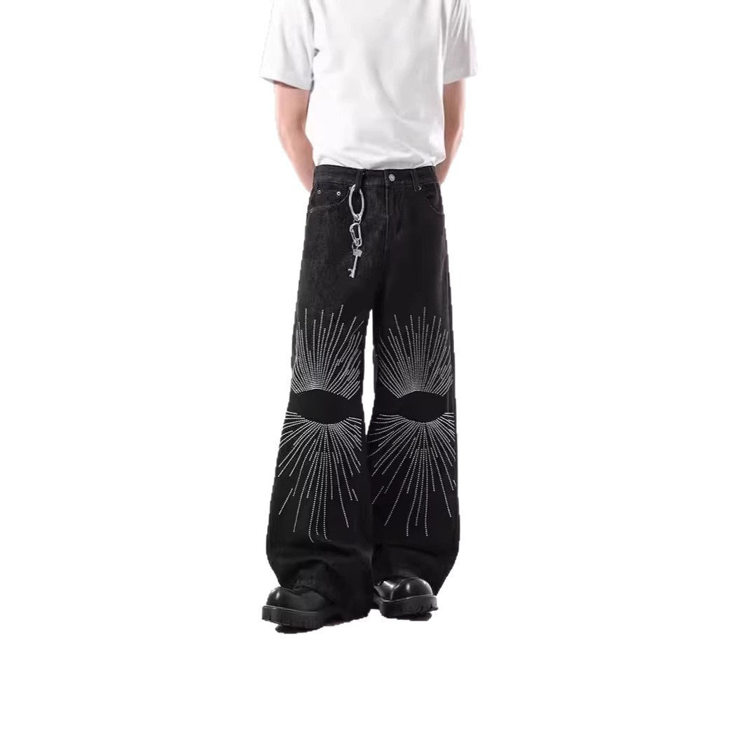 Men's Loose-Fitting Denim Jeans with Unique Graphic Design Chichicherry