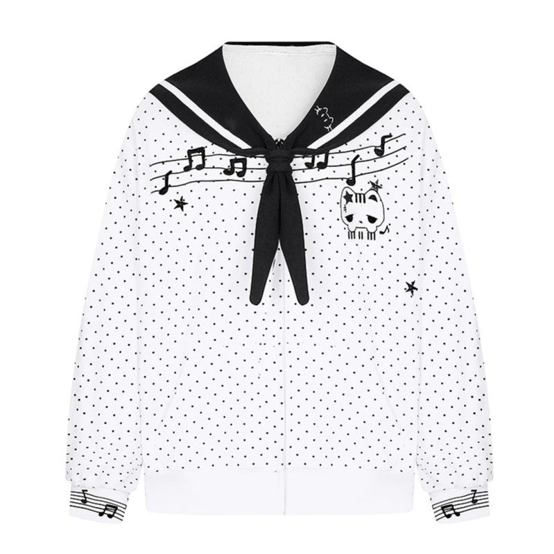 Women's zip-up sweat jacket in sailor style with bow collar, polka dot and music motif Chichicherry