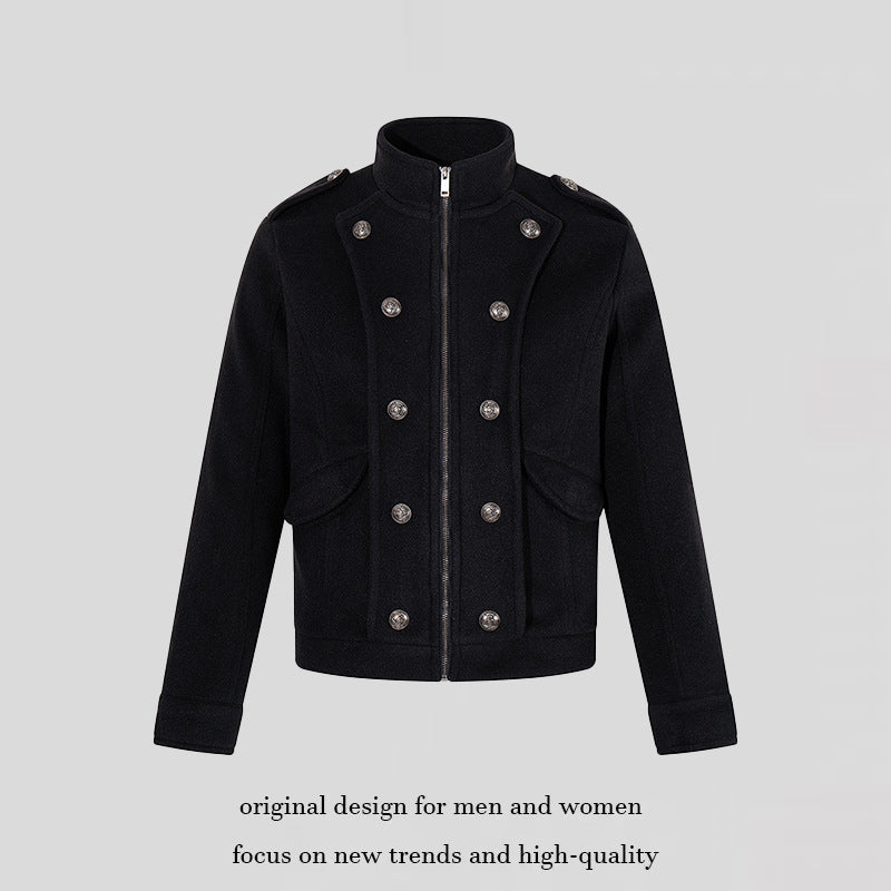 Men's short military-inspired wool jacket with stand-up collar & double-breasted decorative buttons Chichicherry