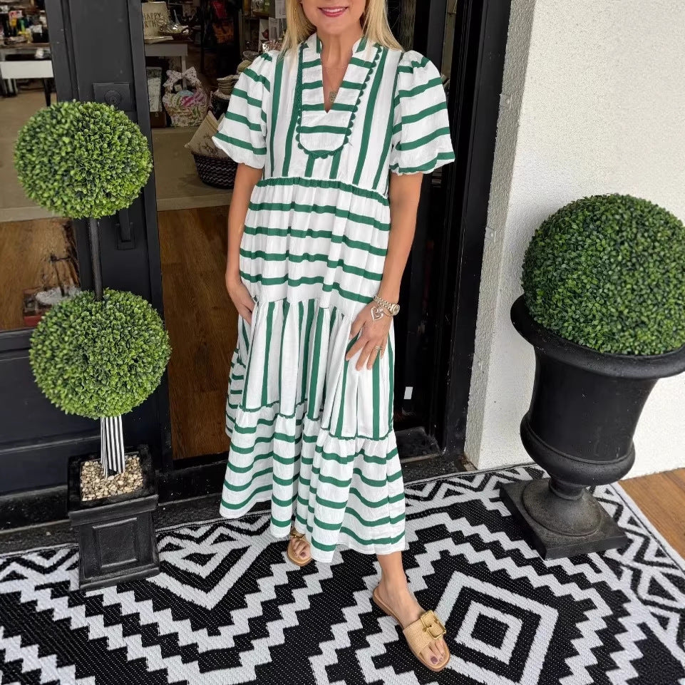 Damen Gestreiftes Maxi-Kleid mit Stufenrock, Rüschenblende und Puffärmeln Chichicherry