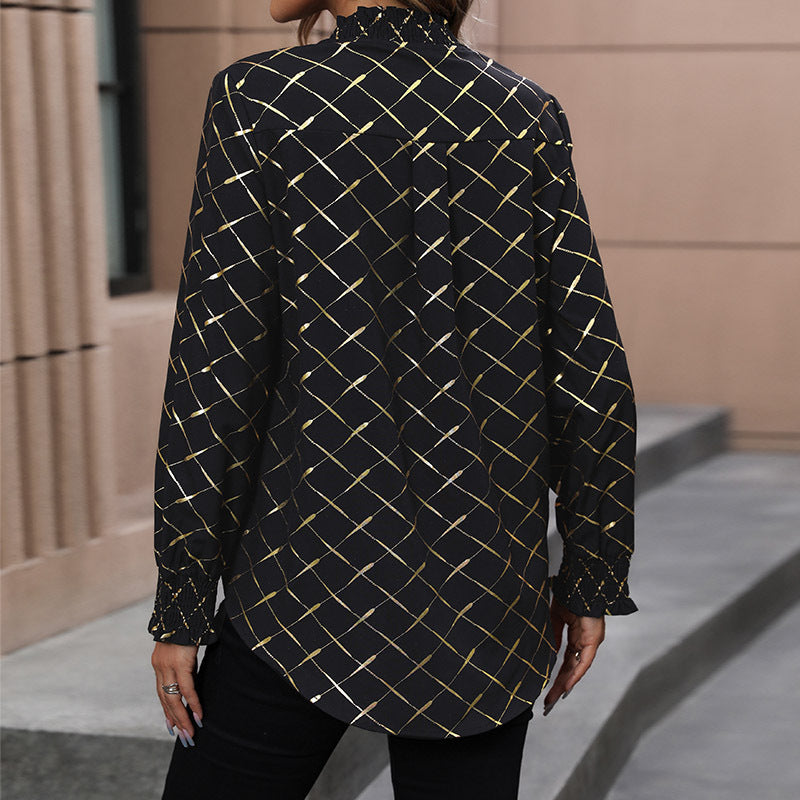 Women's Elegant Blouse with V-Neck, Shimmering Grid Print and Gathered Cuffs Chichicherry