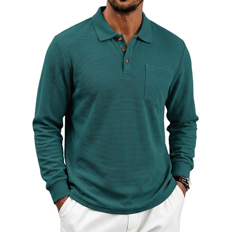 Men's Long Sleeve Waffle Piqué Polo with Button Placket and Chest Pocket Chichicherry