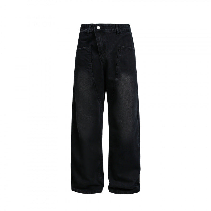 Women's Wide High-Waist Denim Pants with Curved Front Pockets Chichicherry