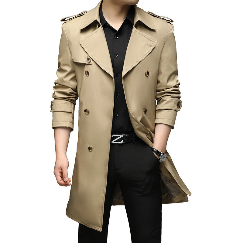 Men's Long Slim-Fit Double-Breasted Trench Coat with Epaulettes and Waist Belt Chichicherry