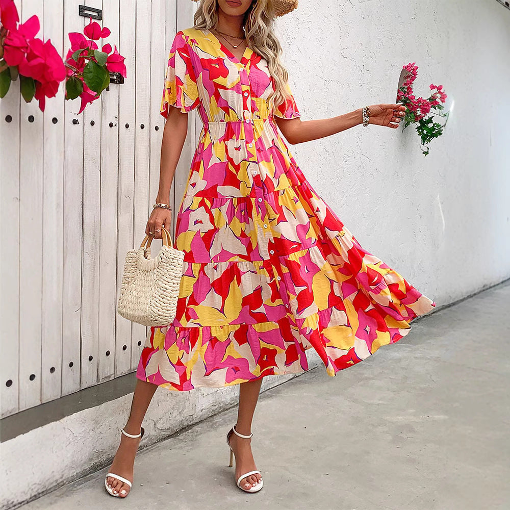 Women Tiered Midi Dress with Continuous Button Placket, Fitted Elastic Waistband and Ruffle Sleeves Chichicherry