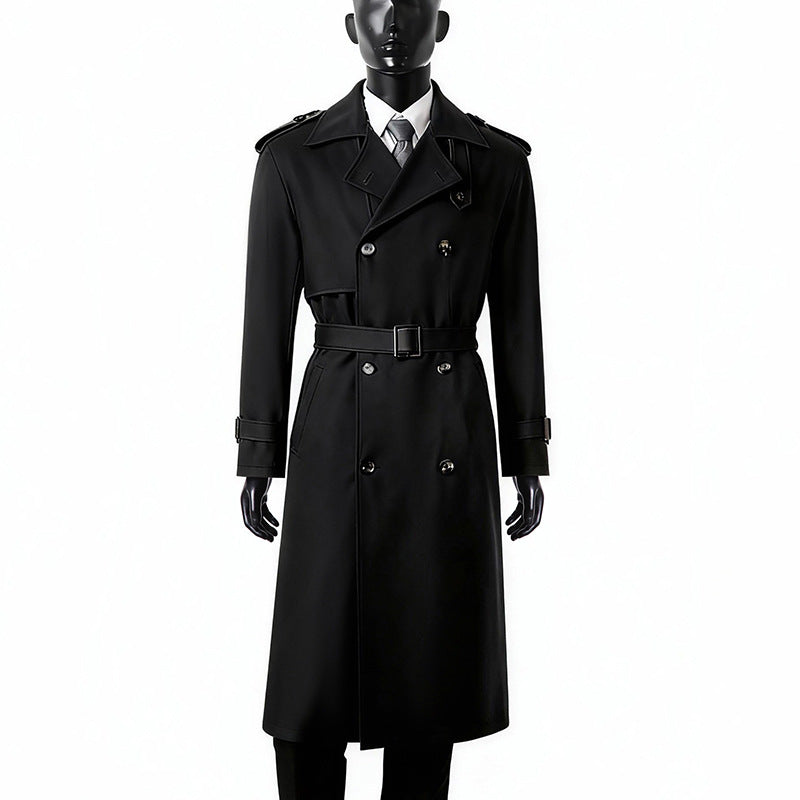 Men's Timeless Maxi Long Trench Coat in Military Style with Storm Flap and Waist Belt Chichicherry