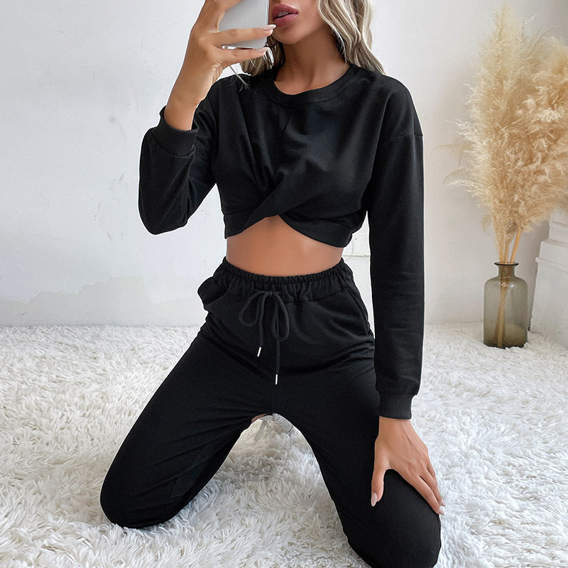 Women's Cropped Loungewear Set with Twist Top and High-Waisted Jogging Pants Chichicherry