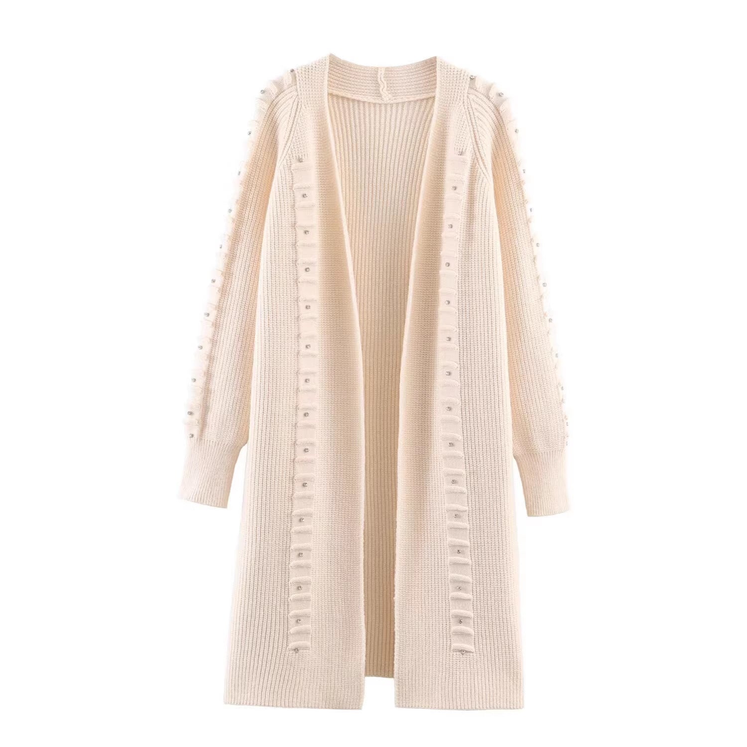Women Longline Knit Cardigan with Pearl Trim and Ribbed Cuffs Chichicherry