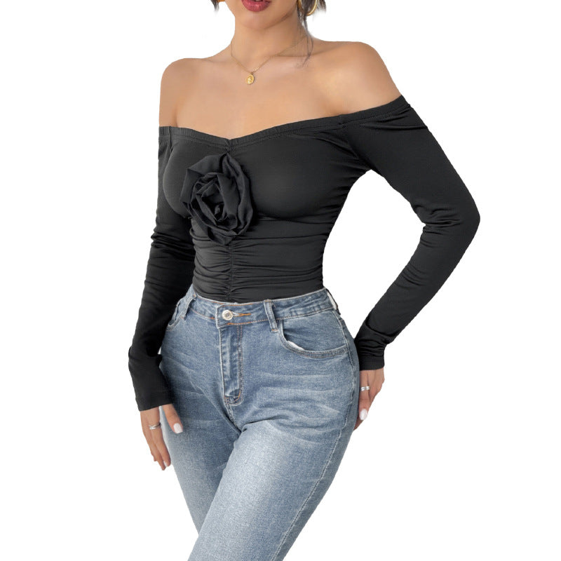 Women's Off-Shoulder Long Sleeve with Rose Appliqué and Tailored Gathering Chichicherry