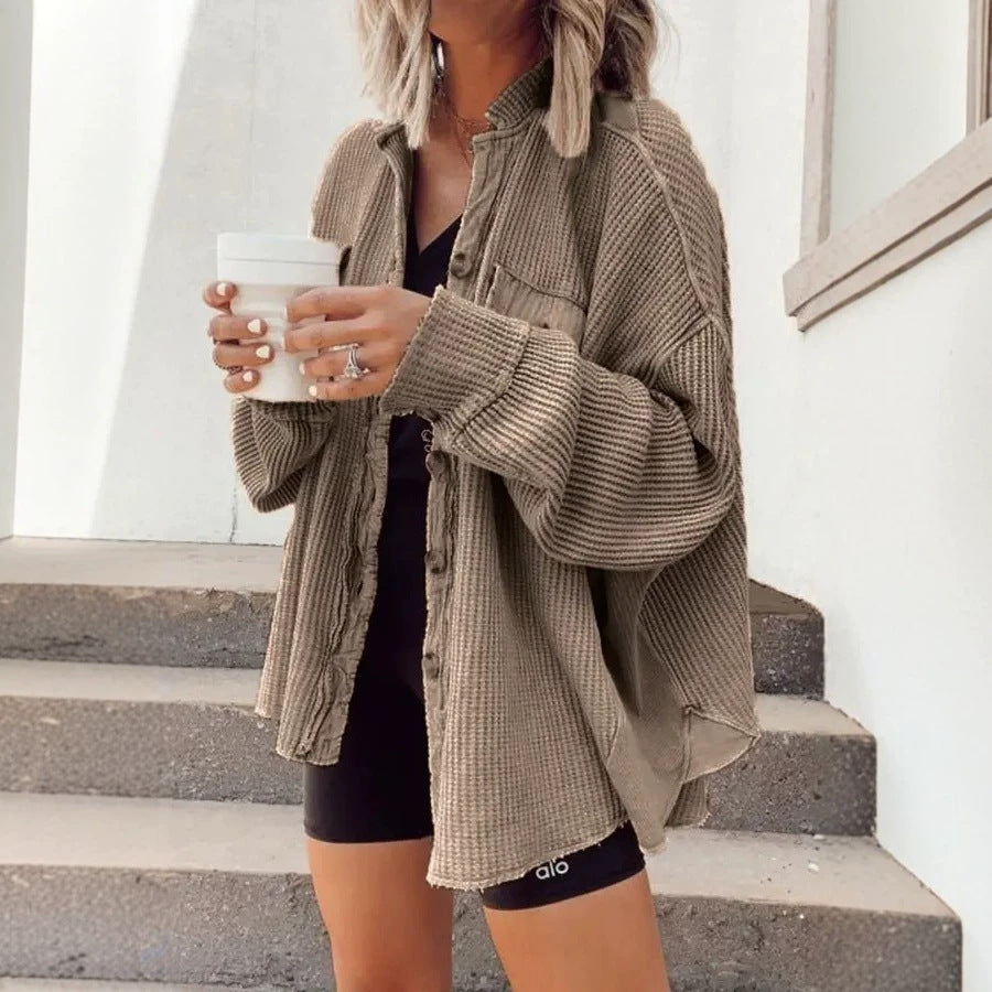 Women’s Waffle Knit Overshirt with Button Placket and Breast Pocket Chichicherry