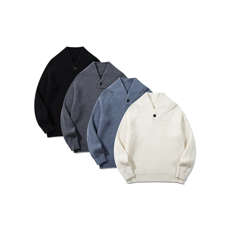 Unisex Ribbed Shawl Collar Sweater with One-Button Detail Chichicherry