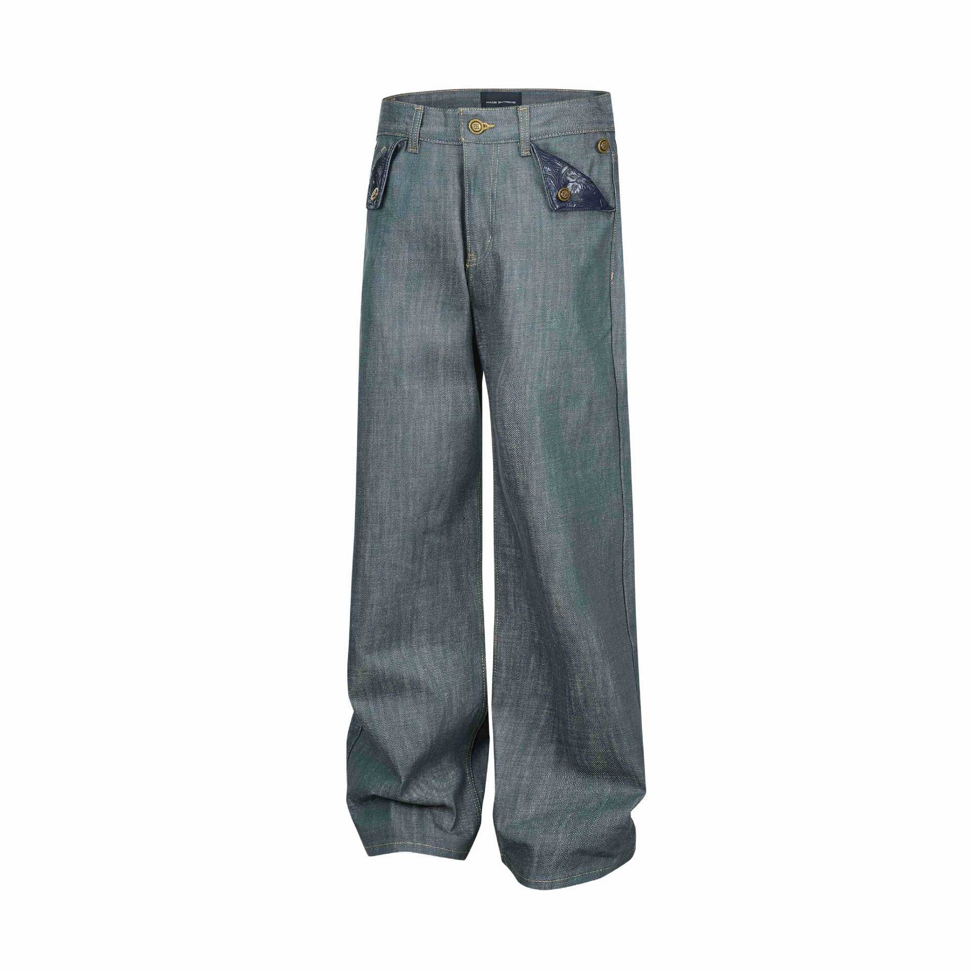 Ladies Wide High-Waist Jeans with Decorative Cuff Pockets Chichicherry