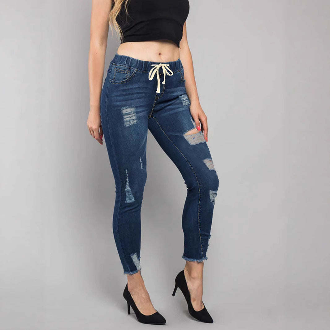 Women High-Waisted Destroyed Jogger Jeans with Elastic Drawstring Waistband and Cropped Frayed Hem Chichicherry