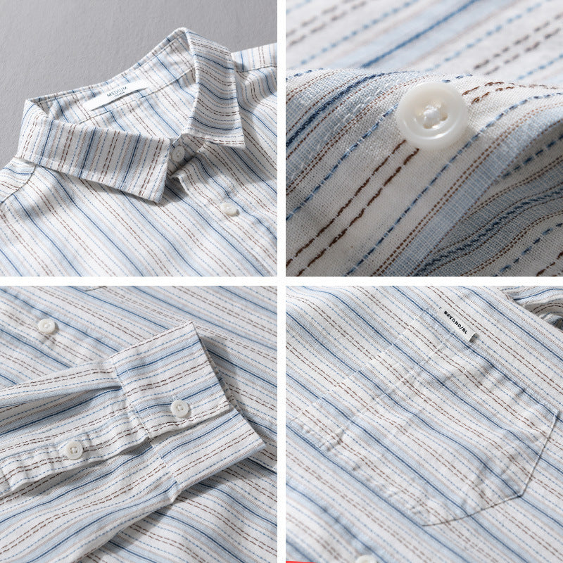 Men's Striped Linen Blend Shirt in Relaxed Fit with Kent Collar and Chest Pocket Chichicherry