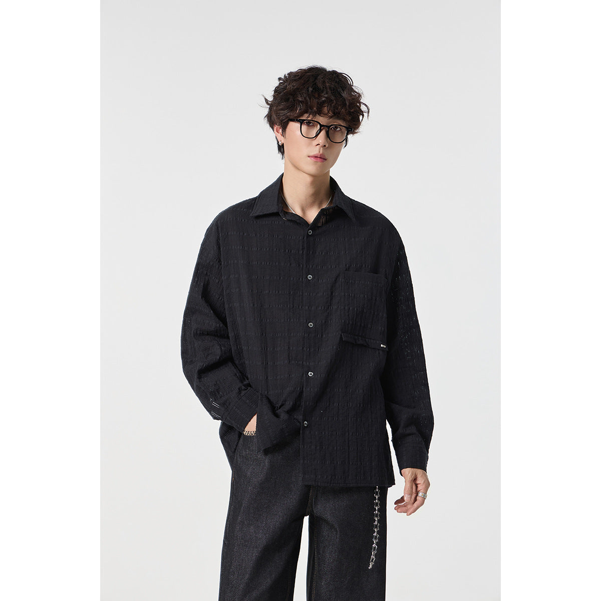 Men's Oversized Cotton-Linen Gauze Shirt with Chest Pocket and Kent Collar Chichicherry