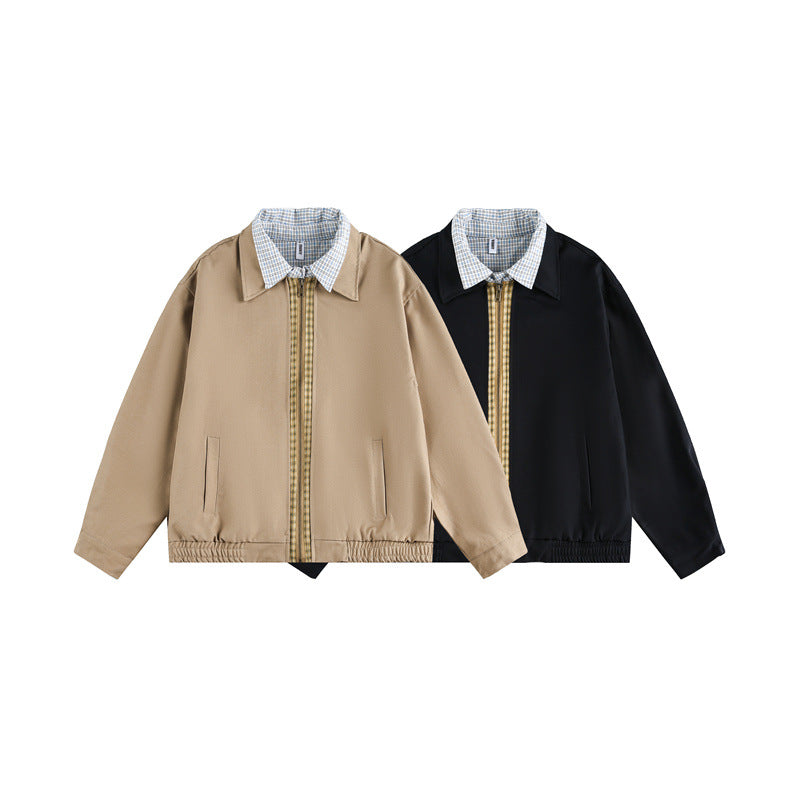 Unisex Boxy bomber jacket with contrasting zipper strip and checked inner collar Chichicherry