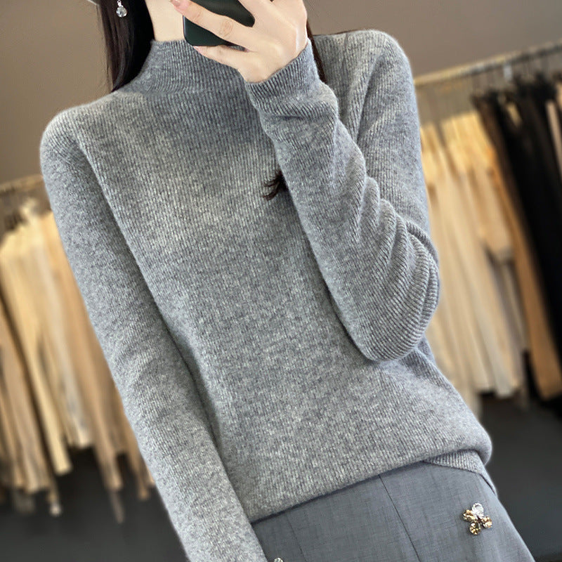 Women's Premium Fine Knitted Mock Neck Sweater with Extra Long Sleeve Cuffs and Fine Ribbed Structure Chichicherry