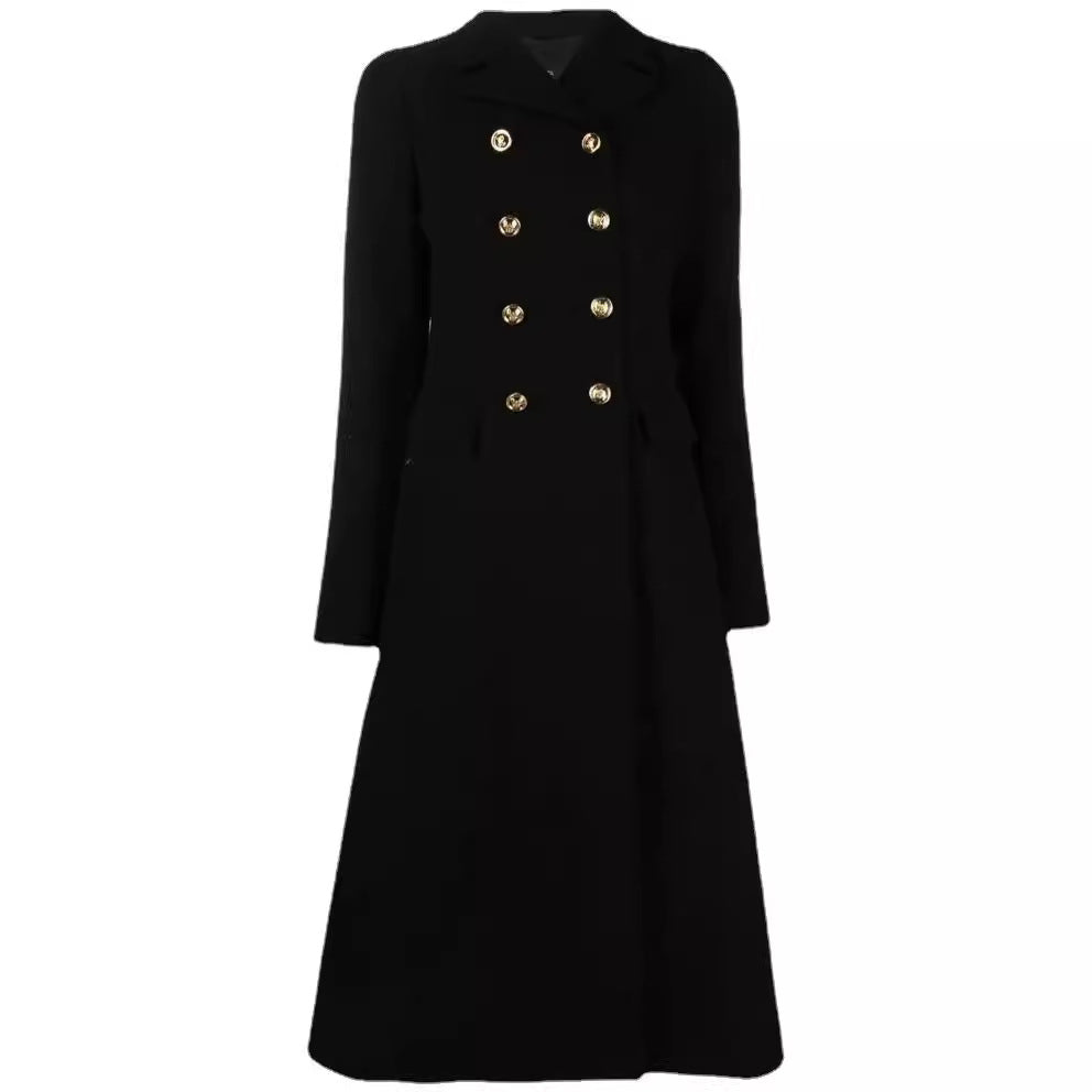 Women Tailored Double-Breasted Wool Blend Coat with Delicate Decorative Buttons and Flap Pockets Chichicherry