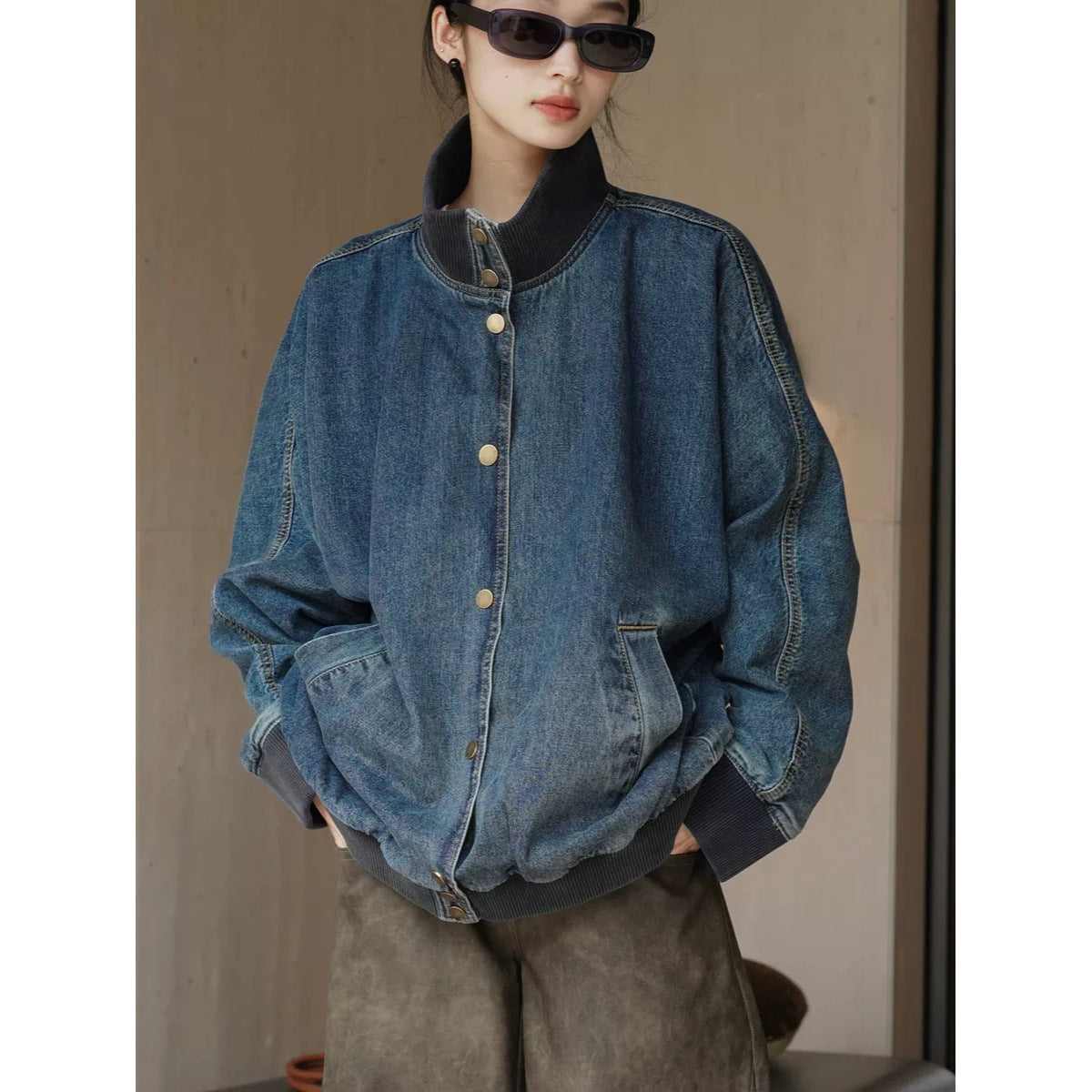 Women's Oversized Jeans Bomber Jacket with Ribbed Collar and Snap Button Front Chichicherry