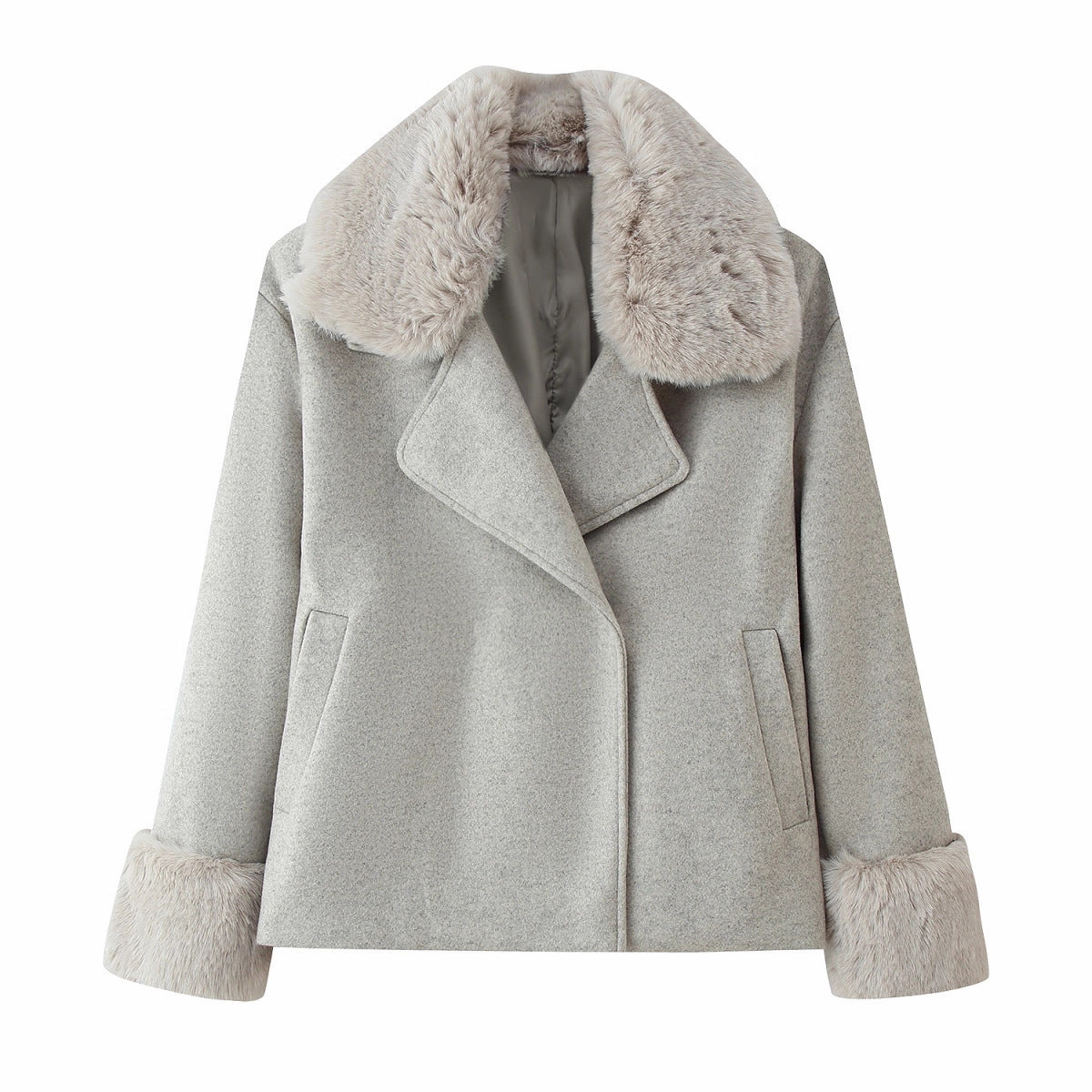 Women Short Wool Blend Coat with Removable Faux Fur Collar and Cuffs Chichicherry