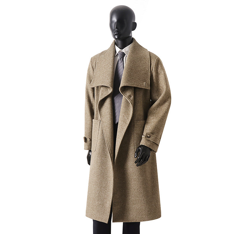 Men's Elegant Long Coat made of Wool Blend with Generous Shawl Collar and Roll-Up Cuffs Chichicherry
