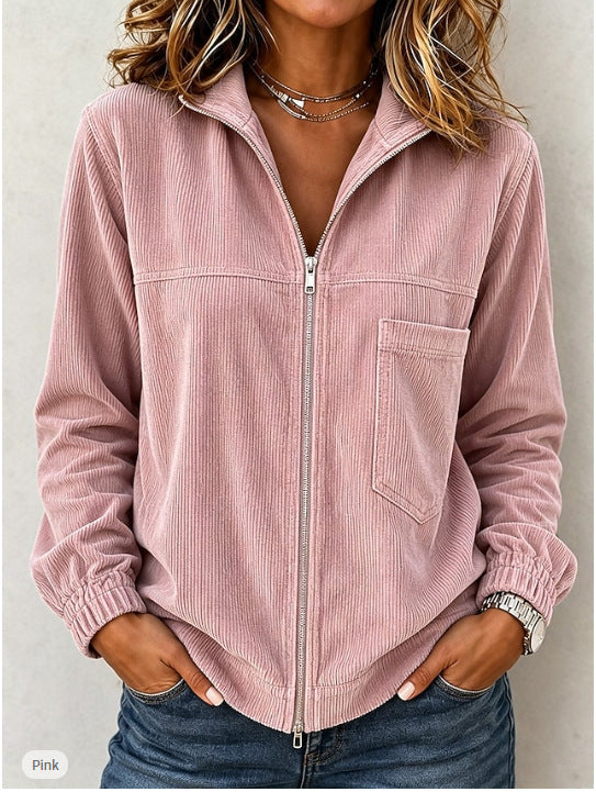 Women's cord jacket with zipper, stand-up collar and patch chest pocket Chichicherry